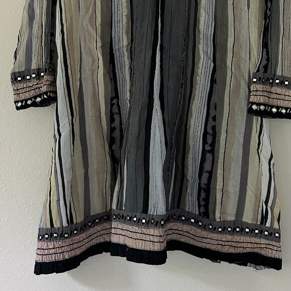 Anu shift tunic striped 3/4 sleeve beaded neckline lightweight vacation boho L - Picture 5 of 12